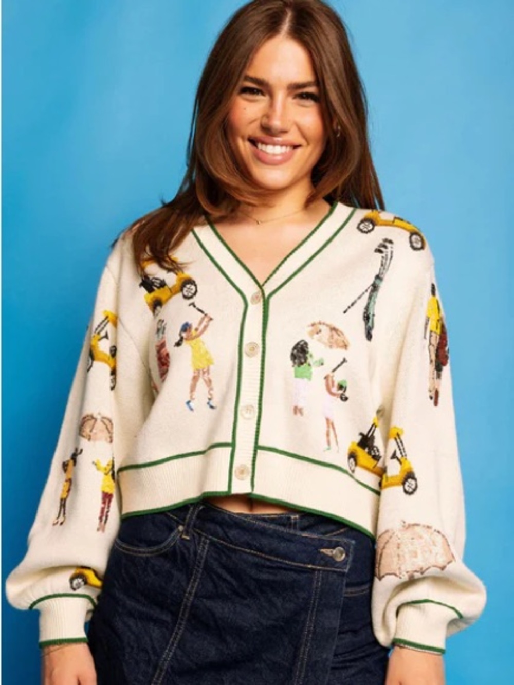QUEEN OF SPARKLES Cream Cropped Cardigan with Green Trim and Yellow Motifs